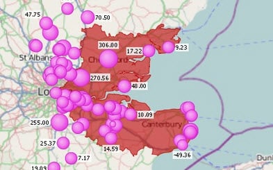 Customer value is denoted by the size of the bubble, it's this at a glance view that makes Geo-BI so powerful