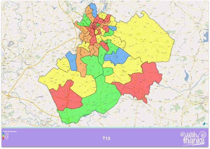 An example franchise territory map where each postcode sector has been heat shaded to show the concentration of target business prospects