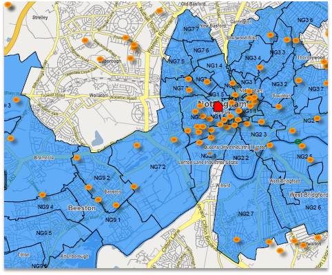 Geographic mapping software shows demographics and prospect data