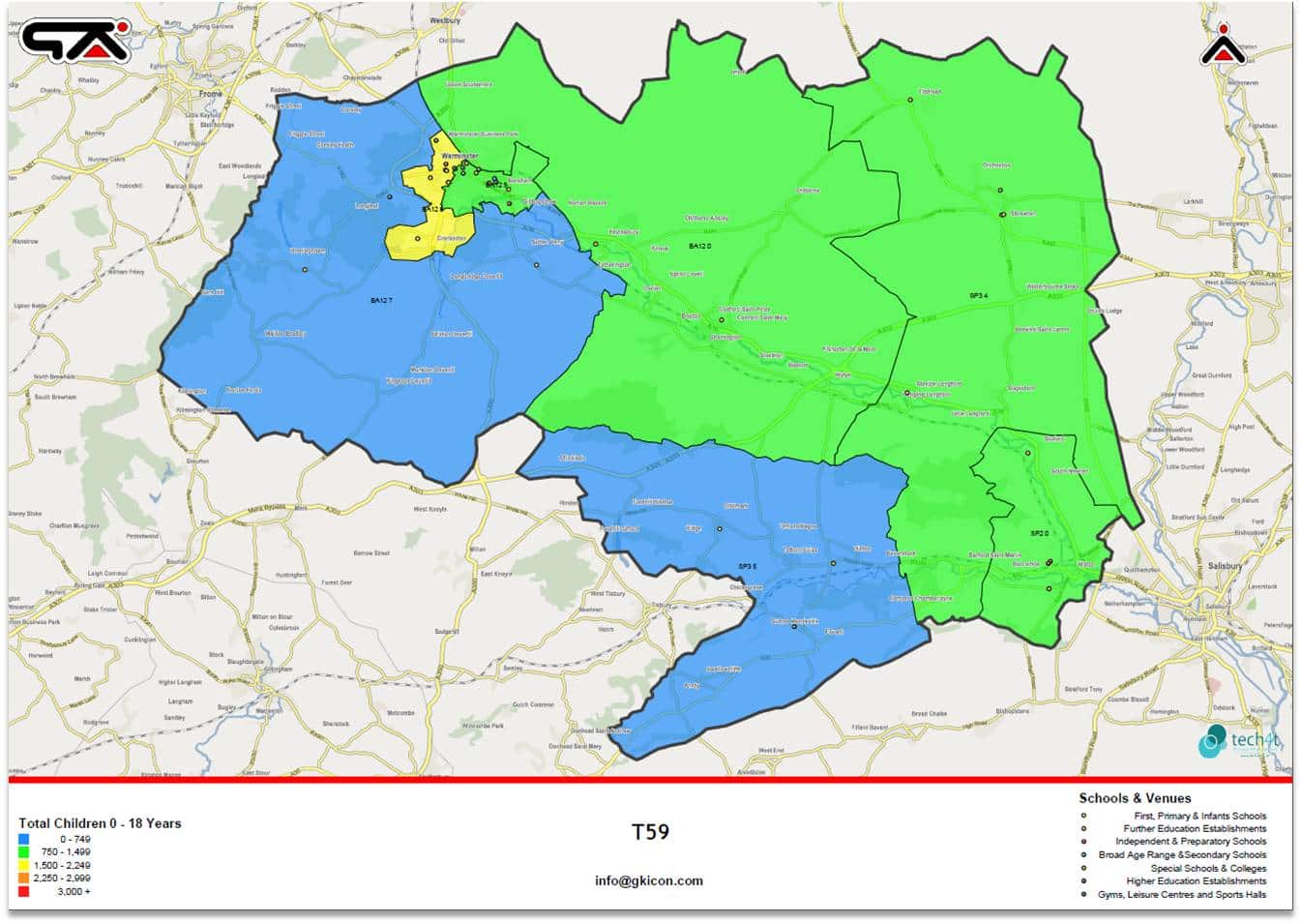 An example franchise territory map - heat shading denotes number of children. Schools by type are also plotted