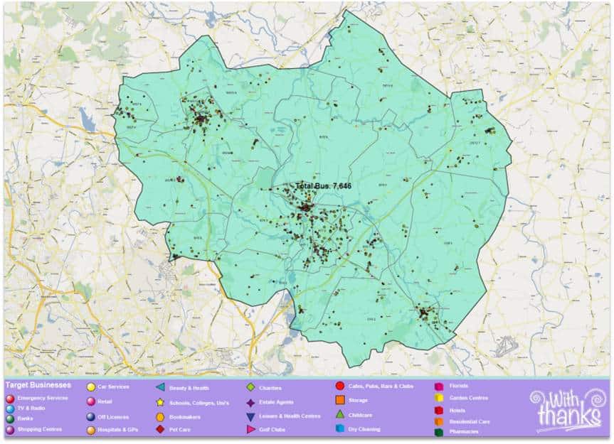 An example franchise territory map where each postcode sector has been heat shaded to show the location of target business prospects by type