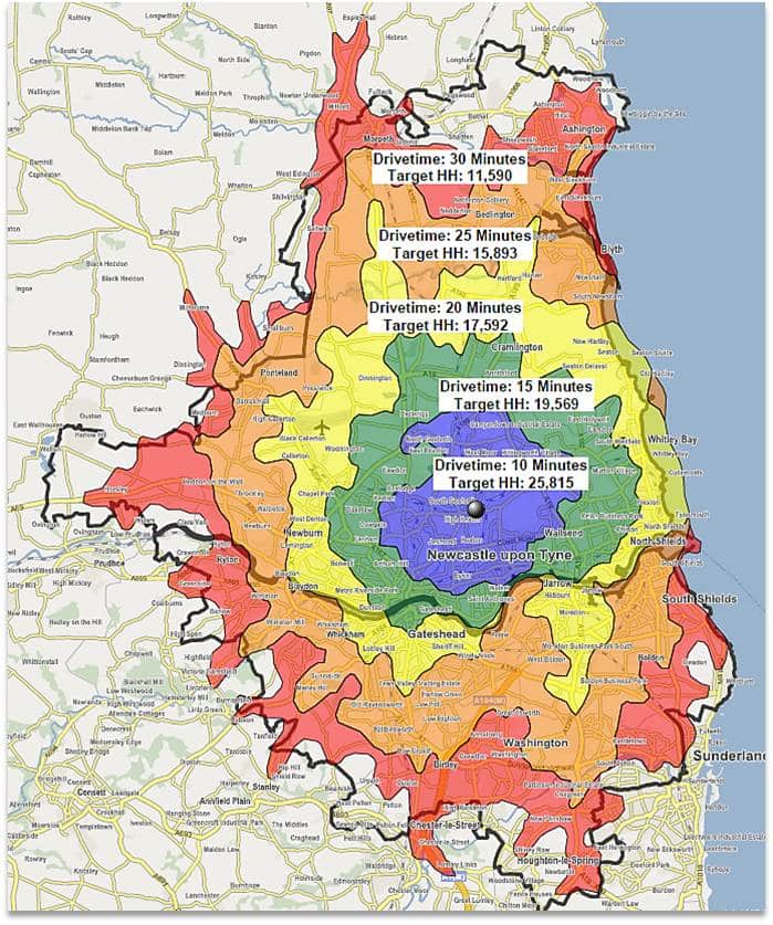 Retail site location drive-time map