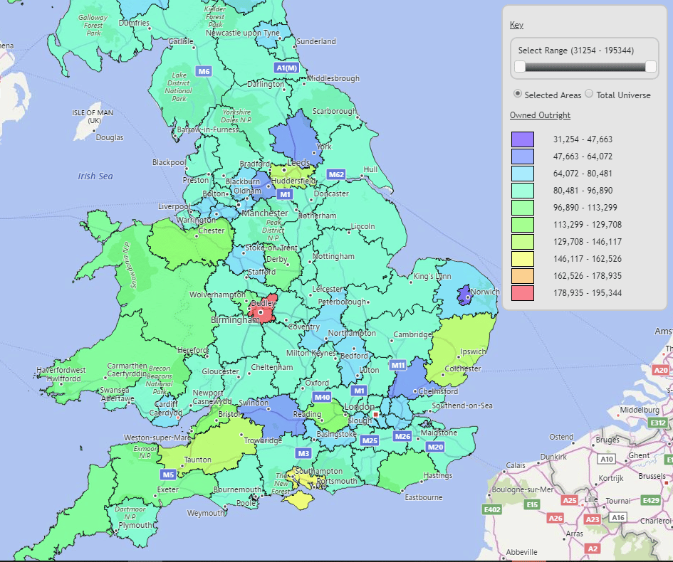 Guide to Territory Mapping, Territories "Heat-Mapped" to Show Target Market Levels - Homes Owned Outright (no mortgage)