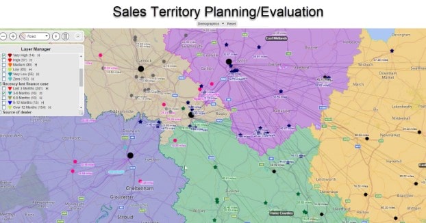 Map showing sales territories overlaid with black dots denoting salespeople with multiple black lines linking each salesperson to their customers.