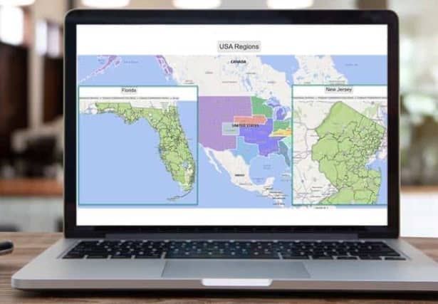 Computer screen with location data of ‘USA regions’ to show how sales teams benefit from effective territory mapping.