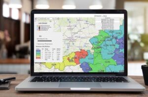 : Laptop screen showing a map with various colour coded areas to show how businesses can maximise their sales potential with territory mapping software.