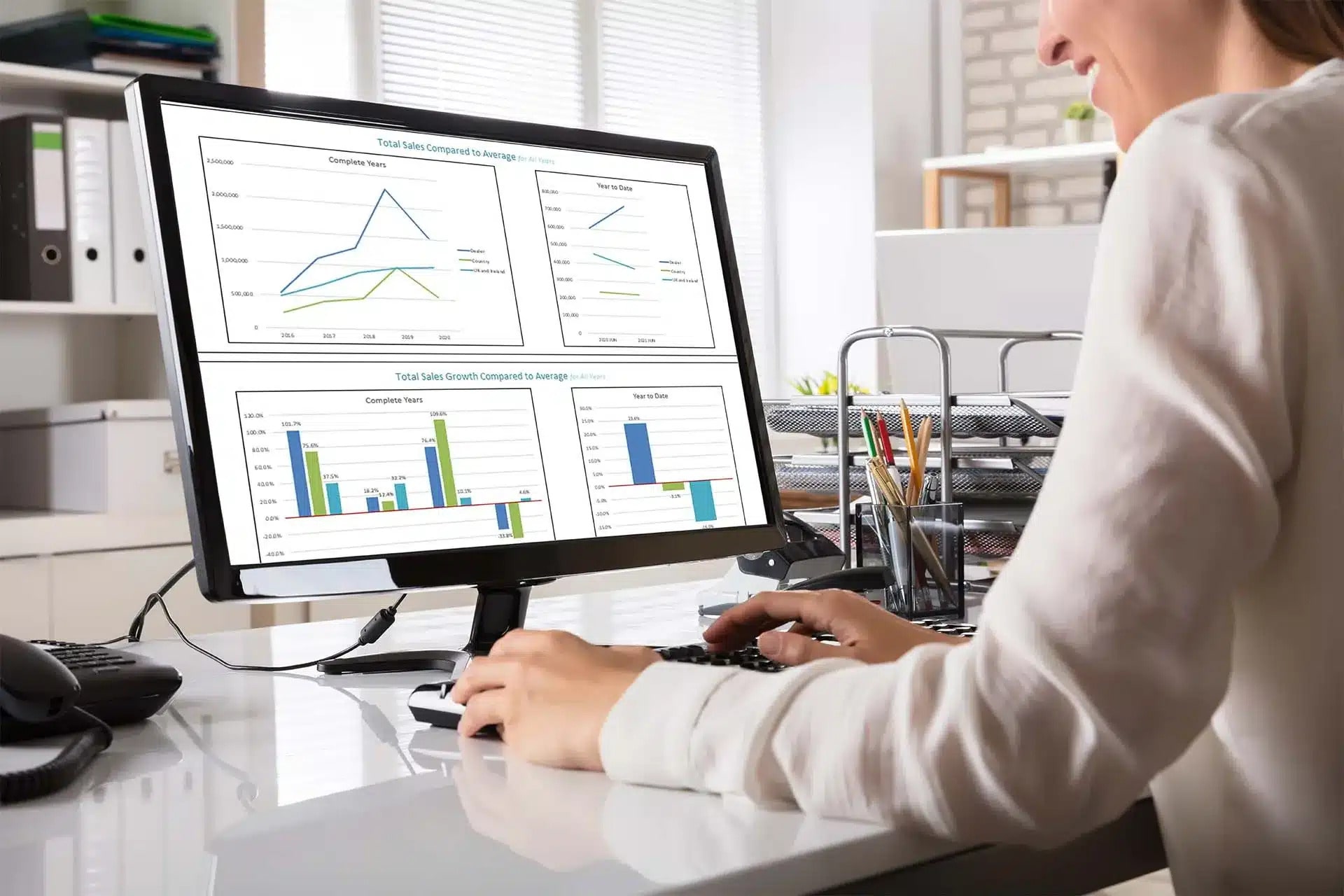 A woman doing a sales territory plan on a computer with green and blue graphs to show what you need to know about sales territory planning and management.